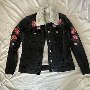PacSun Black Denim Jacket with Pink Floral Embroidery and White Faux Fur Collar